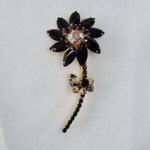 Juliana D&E Brooch Jet Black AB Flower Vintage Delizza Elster Designer Jewelry